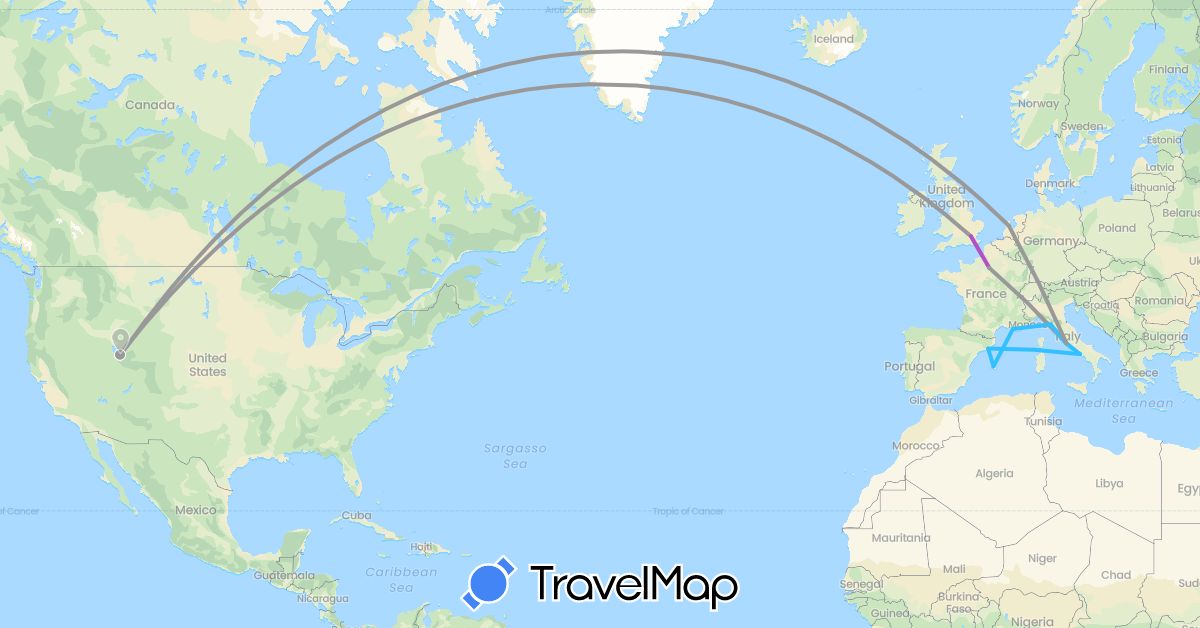 TravelMap itinerary: driving, plane, train, boat in Spain, France, United Kingdom, Italy, Netherlands, United States (Europe, North America)